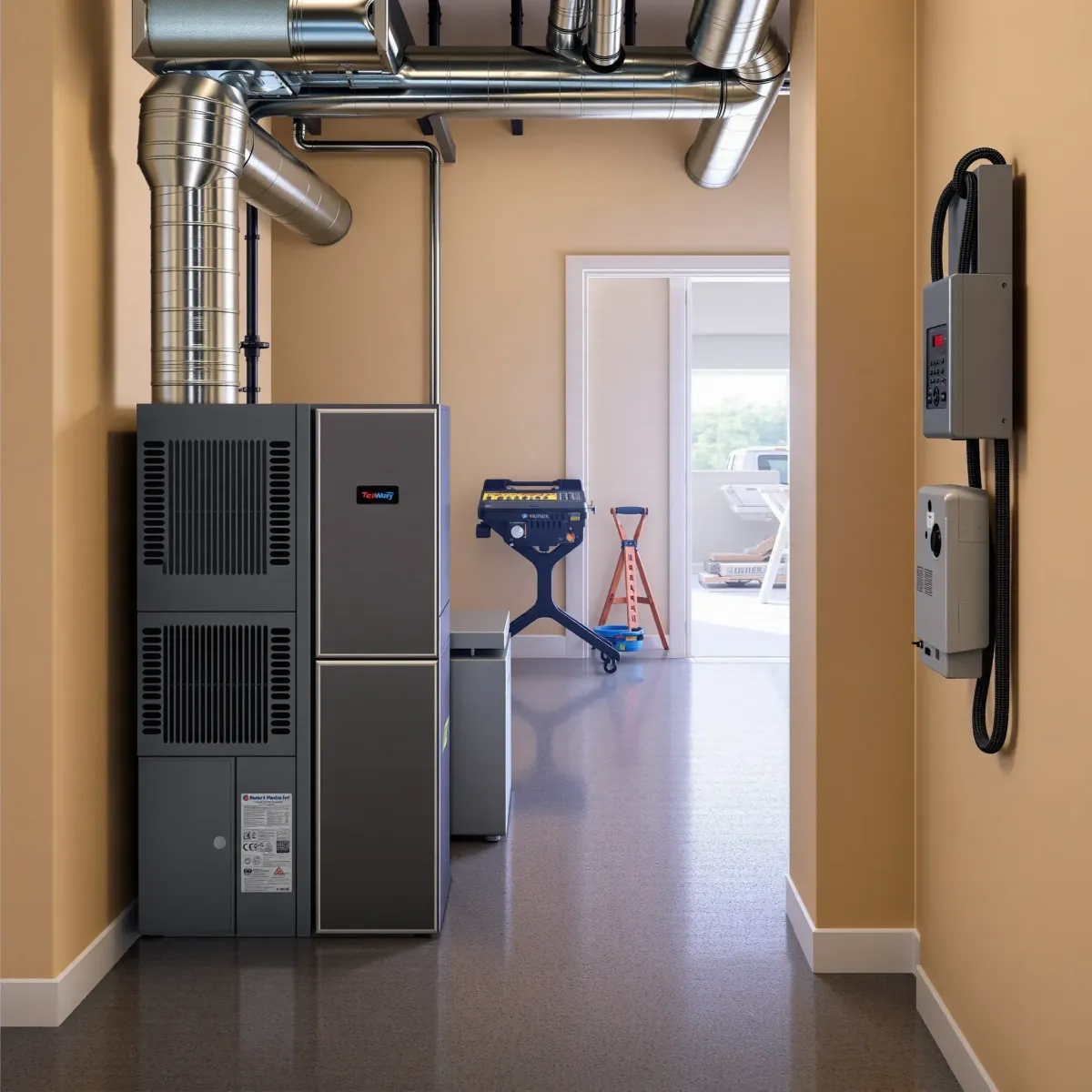 Modern HVAC system installed outdoors in a tidy backyard with lush grass, shrubs, flowers, and a contemporary house.