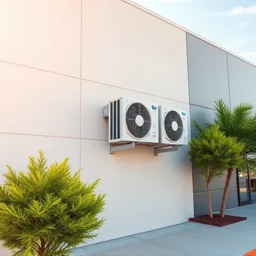 Freshly installed air conditioning unit on a modern building in Justin TX, surrounded by green trees and a bright sky.