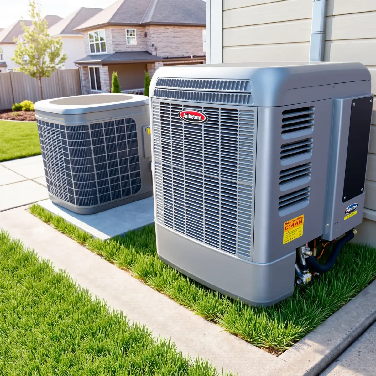 Close-up of a clean, sturdy air conditioning unit on a modern home with green lawn and neighborhood background.
