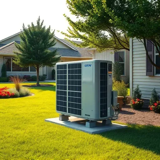 Outdoor modern HVAC system installed in Burleson, TX, on a grassy yard with trees, flowers, and a suburban home.