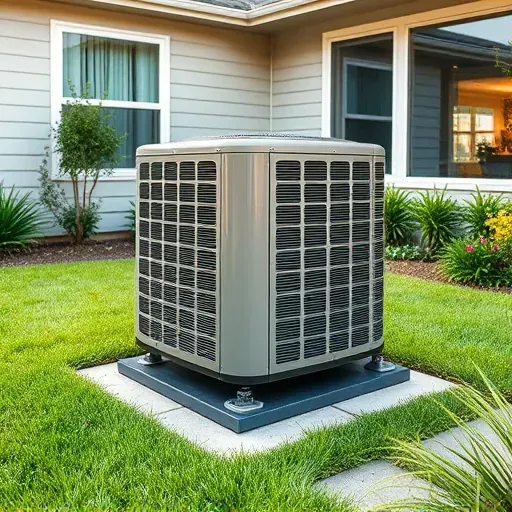 Professional outdoor HVAC unit in a lush landscaped backyard with modern home reflections, clean setting, and detailed metallic surfaces