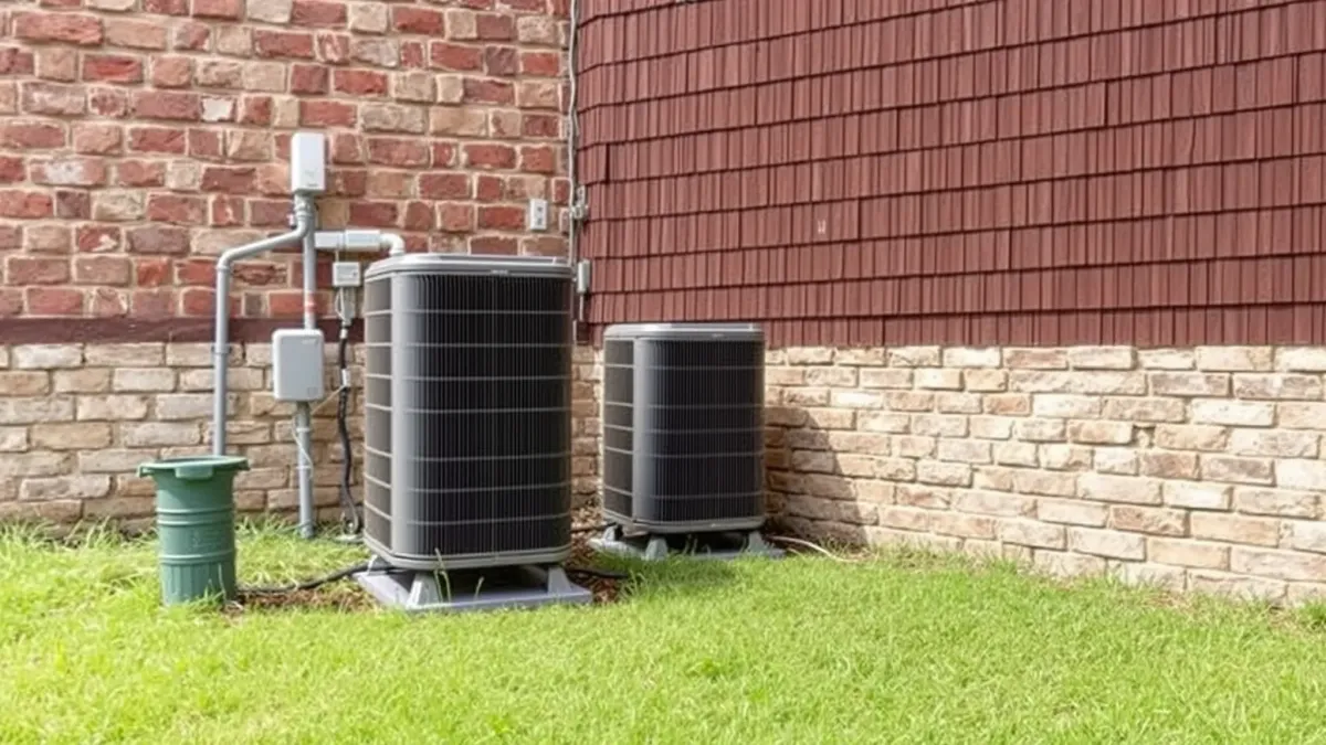 Repaired modern outdoor air conditioning unit outside a Westworth Village home, surrounded by greenery and a sunny sky.