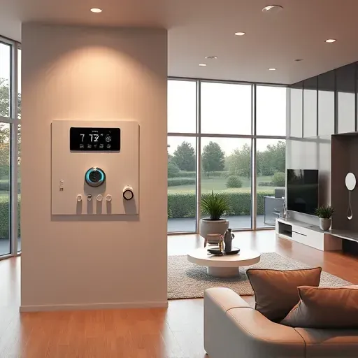 Modern smart home control panel on a sleek wall in a stylish living room with large windows and advanced home automation technology