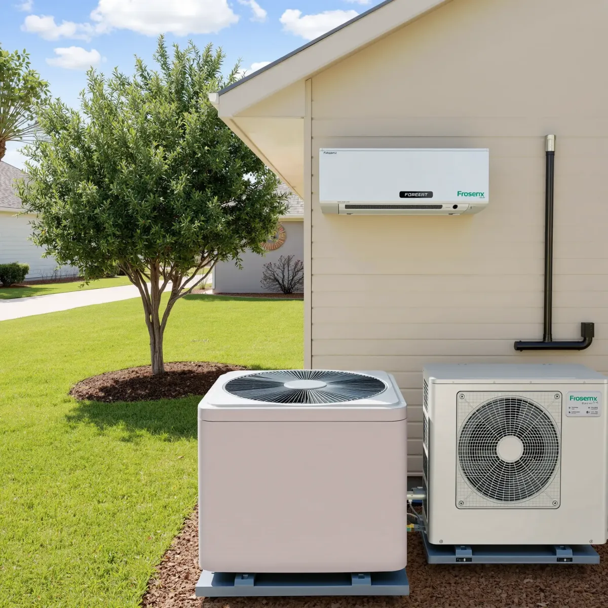 HVAC system in a Benbrook, TX home with outdoor A/C unit, ductless mini-split, and Texas greenery in a suburban setting.