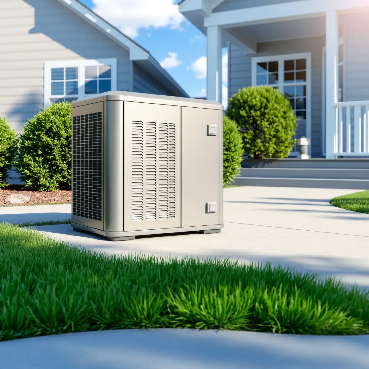 Newly installed outdoor HVAC system in Rendon, TX with greenery, home background, and clear sky, showcasing quality and reliability.