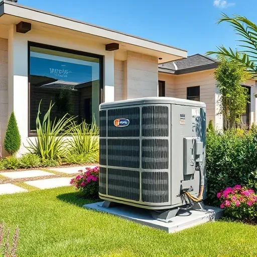 Repaired outdoor AC unit in a modern River Oaks yard, featuring lush landscaping, stylish house, and bright sunny day.