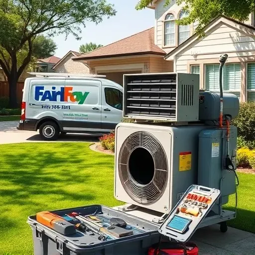 Professional air conditioning repair service van outside a suburban home in Forest Hill TX with tools and HVAC system in well-maintained yard