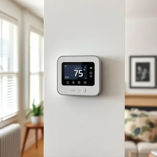 Modern sleek programmable thermostat on a clean wall in a cozy well-lit living room with modern decor