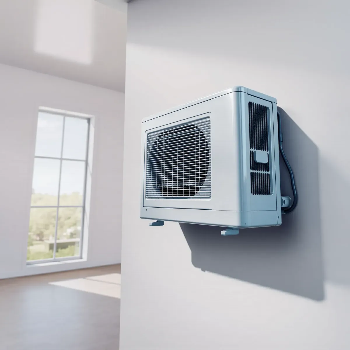 Repaired AC unit on a modern Texas home's exterior wall, surrounded by lush landscaping and vibrant flowers.
