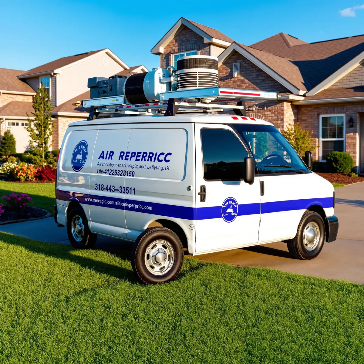 Repaired outdoor HVAC unit in Everman, TX, on a clean concrete pad near a suburban home with green trees and soft daylight.