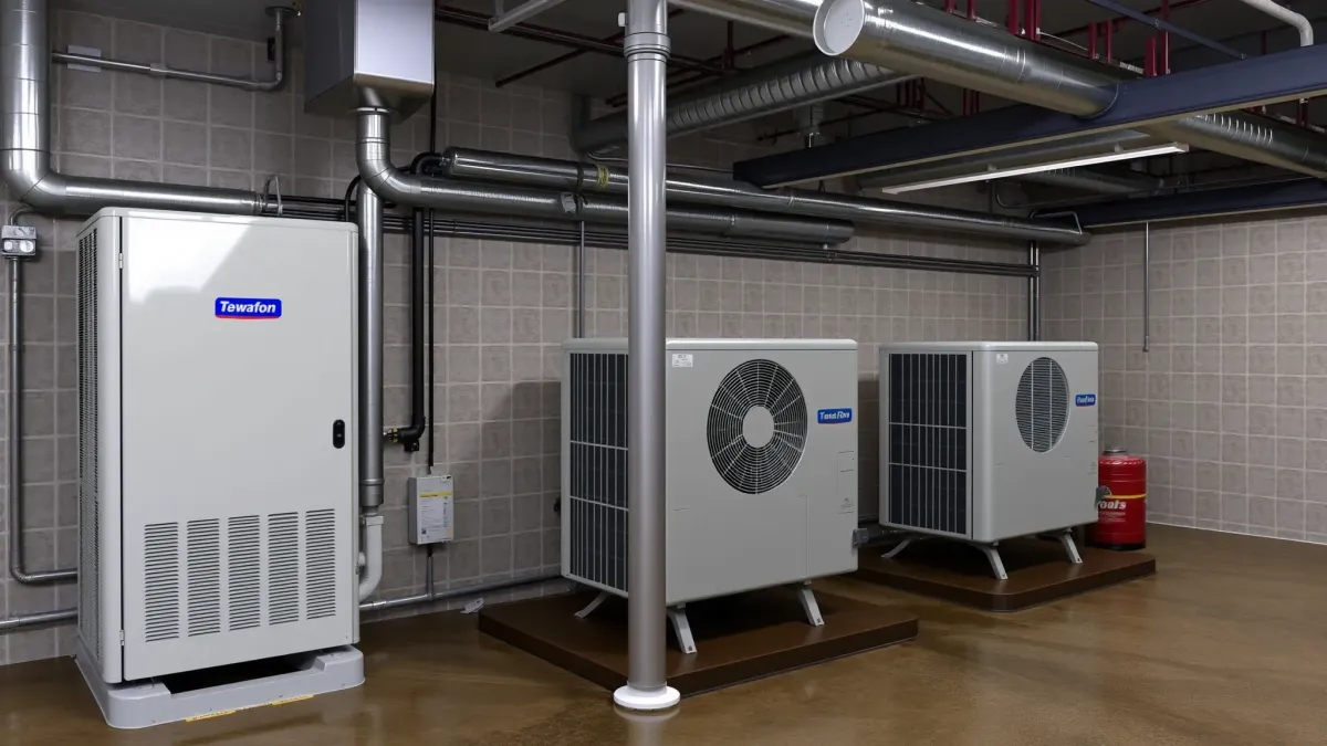Meticulously installed HVAC system with sleek air conditioner and energy-efficient furnace in a clean, professional utility space.