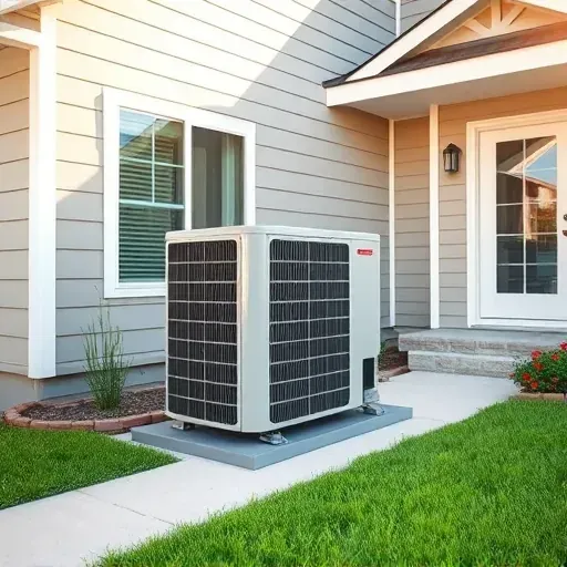 Repaired energy-efficient outdoor air conditioning unit installed outside a modern house in Hickory Creek TX with landscaped yard