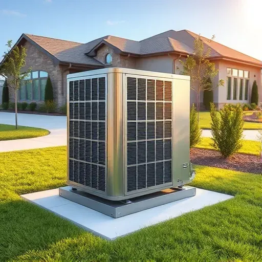 Outdoor modern HVAC system installed on a landscaped lawn in Sanger, TX, near a stylish suburban home.