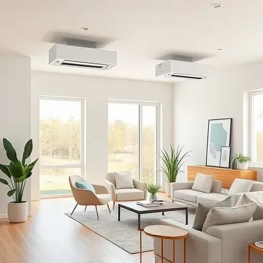 Modern living room with sleek ductless mini-split systems mounted high on clean, minimalist walls in a bright, inviting space