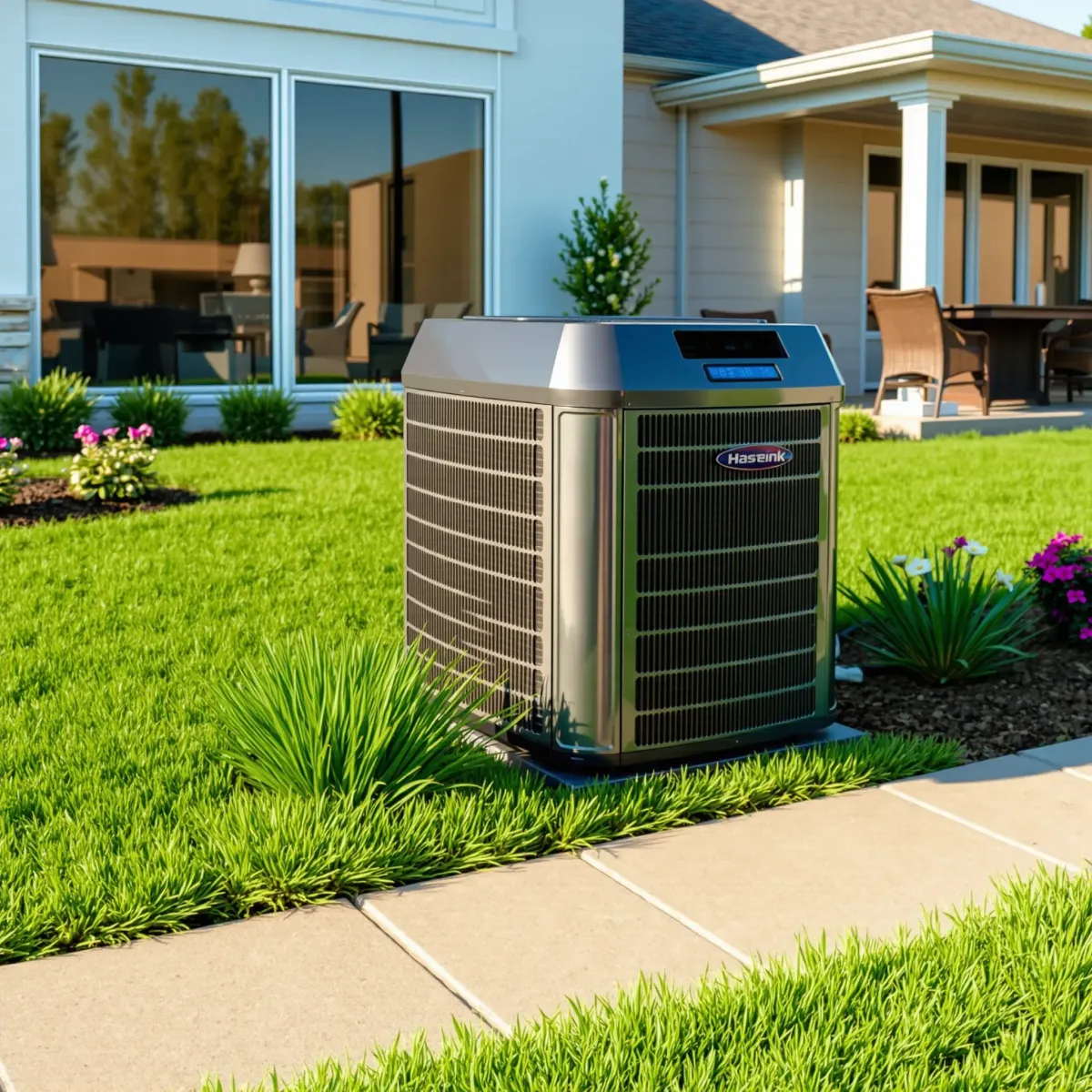 Recently serviced outdoor AC unit on landscaped yard in Roanoke, TX, showcasing professionalism and quality HVAC maintenance.