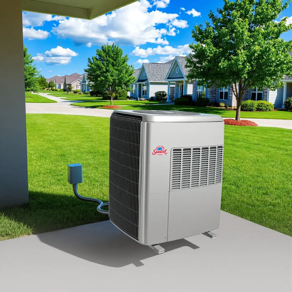 Outdoor HVAC unit on concrete pad near a Hickory Creek home with green landscaping and clear Texas sky.