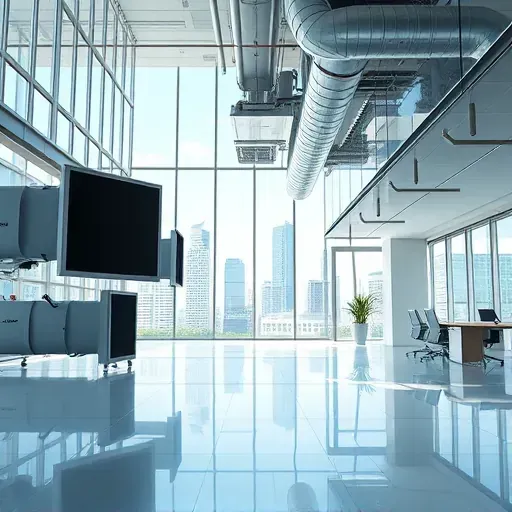 Modern office interior in Fort Worth with sleek HVAC system, visible ductwork, large windows showing city landmarks, highlighting airflow efficiency