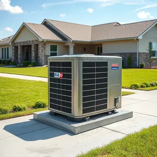 Outdoor HVAC unit on a concrete pad in North Richland Hills, TX, with a residential home, greenery, and bright daylight.