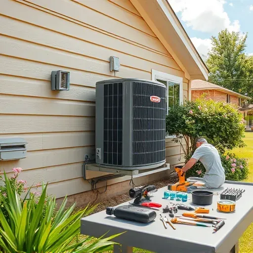 Reliable residential AC repair in Richland Hills, TX, with a modern outdoor unit, organized tools, and a sunny Texas neighborhood.