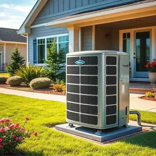 Outdoor modern air conditioning unit in Benbrook, TX, with a lush yard, bright sky, and clean residential exterior.