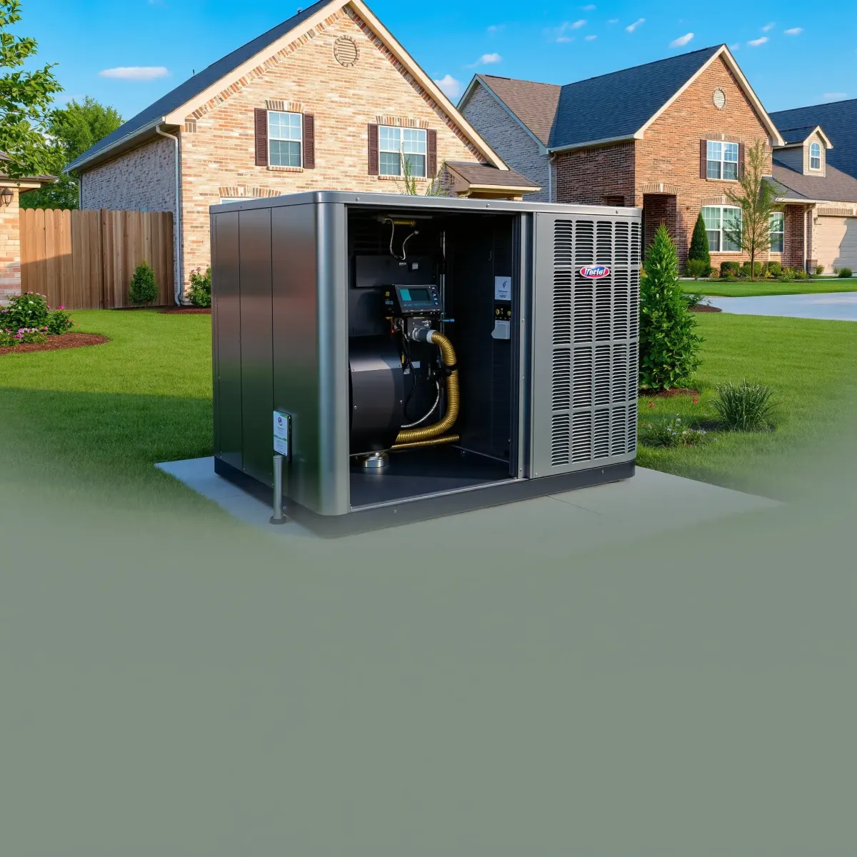 Outdoor HVAC unit on a Texas lawn with shrubs, blue sky, and a home in Azle, TX, highlighting residential cooling systems.