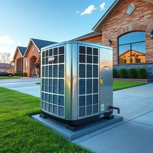 Newly installed air conditioning unit outside a modern home in Aledo TX with green grass and clear blue sky backdrop.