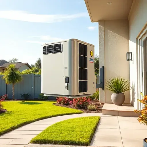 Repaired outdoor air conditioning unit on a modern Texas home exterior with lush garden, sunny sky, and landscaped yard