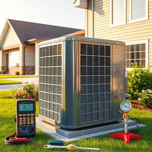 Professional air conditioning repair scene in Benbrook Texas with a well-maintained outdoor unit, tools, and suburban background