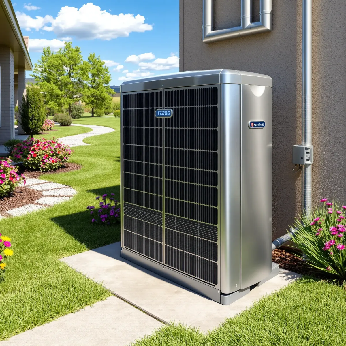 Newly installed, modern HVAC unit on exterior wall overlooking Horseshoe Bend, TX landscape with rugged rocks and desert.