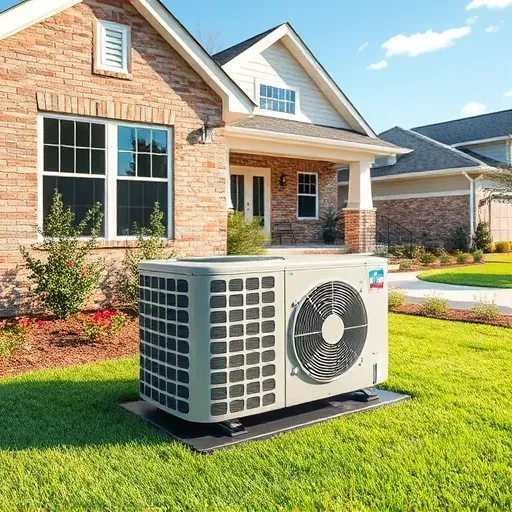 Freshly installed energy-efficient HVAC system on a manicured lawn in Pecan Acres, TX, with a modern home and vibrant garden.