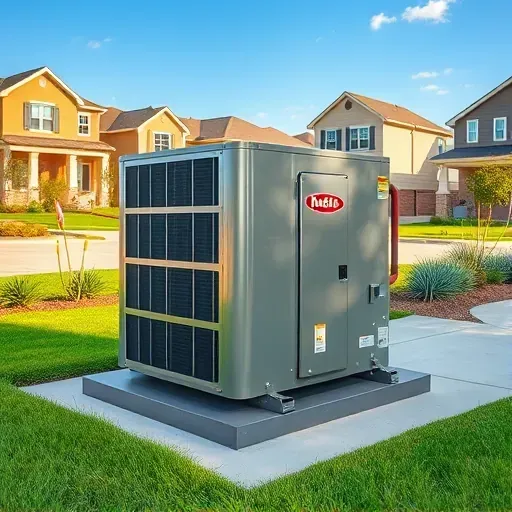 Outdoor Aledo, TX HVAC unit on paved surface, modern metallic design amidst lush landscaping under blue Texas skies.
