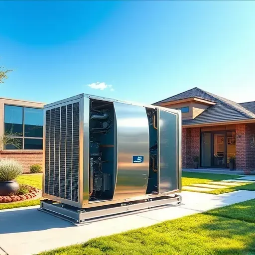 Modern Fort Worth home with a sleek, metallic HVAC system, lush lawn, brick exterior, and sunny Texas sky.