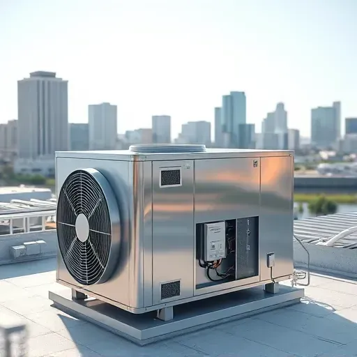 Modern HVAC system on a rooftop near Fort Worth skyline and Water Gardens, showcasing clean, professional installation.
