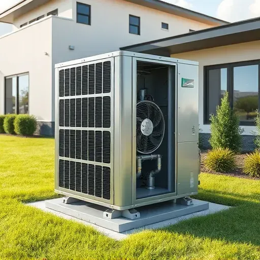 Outdoor HVAC unit in Hickory Creek, TX, on a concrete pad, surrounded by greenery near a modern home under clear skies.