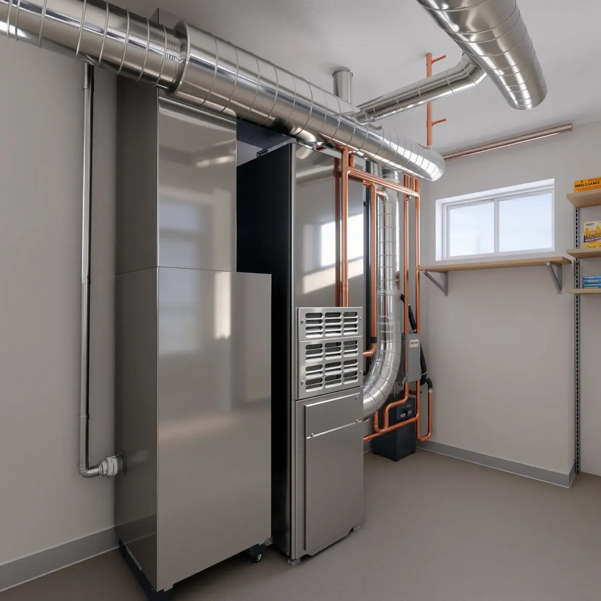 Clean, organized HVAC installation in Kennedale, TX, with modern furnace, copper ducts, polished surfaces, and neat utility room.