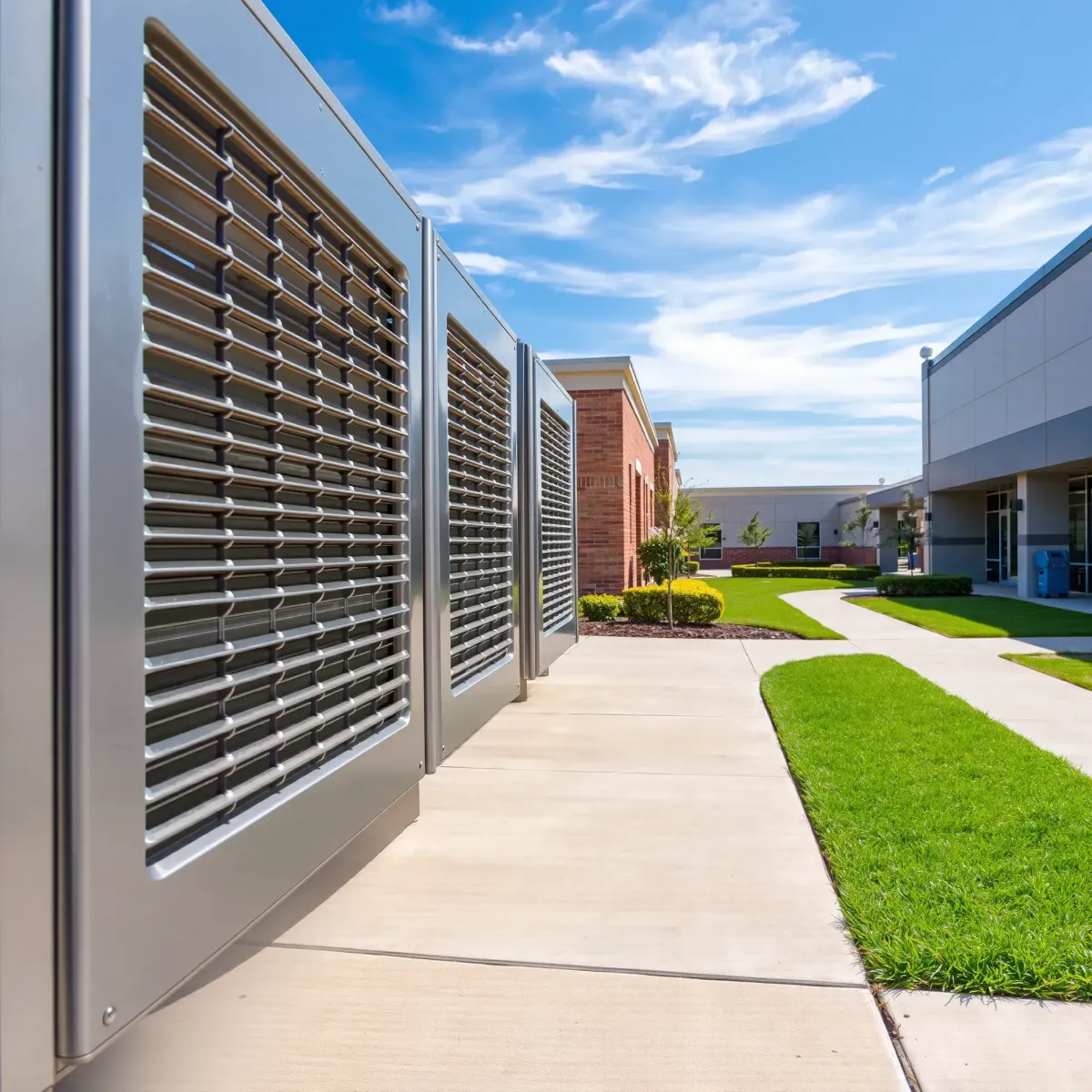 Repaired outdoor air conditioning unit on a tidy patio in Horseshoe Bend, TX, with lush greenery and a charming Texas-style home.