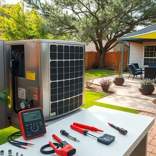 Professional outdoor HVAC repair scene in Forest Hill, TX, with modern equipment, tools, and a lush suburban backyard.