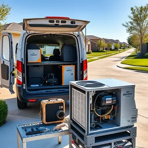 Professional air conditioning repair workspace in Northlake, TX featuring a service van, organized tools, and a disassembled AC unit.