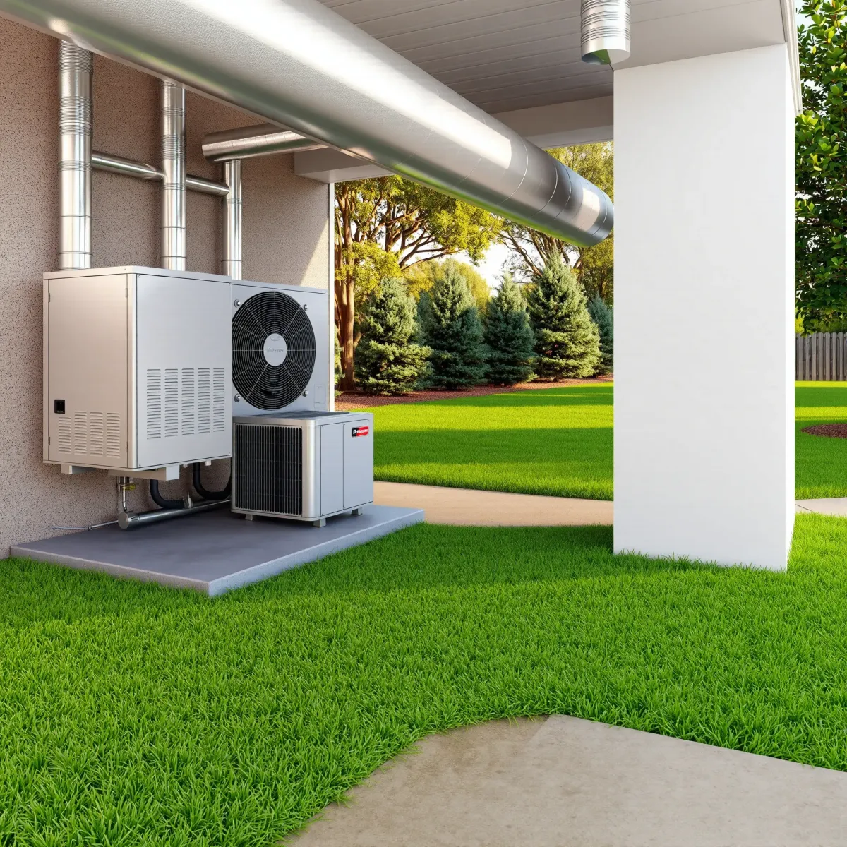 Outdoor HVAC unit in Horseshoe Bend, TX with landscape, rolling hills, and blue sky, showcasing quality installation.