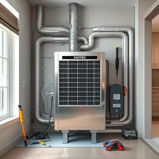 Newly repaired central air conditioning unit with polished metallic surfaces in a modern Lake Dallas home utility closet