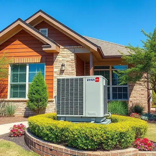HVAC unit installed in a stylish residential setting with vibrant landscaping and a clear blue sky in Justin TX.