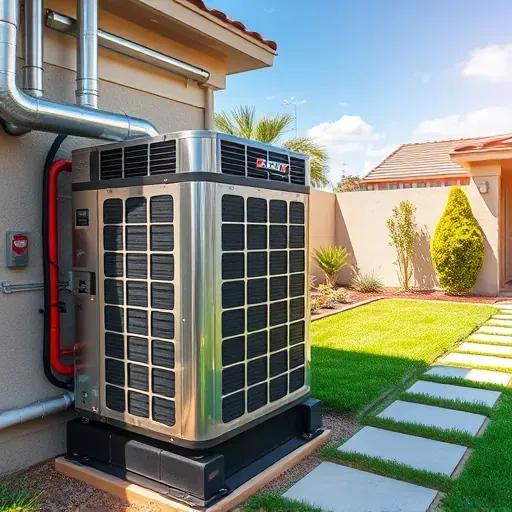 Freshly installed, high-efficiency outdoor HVAC system in Sanger, TX, with modern ductwork and a landscaped backyard.