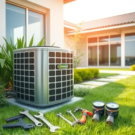 Well-maintained outdoor AC unit with tools, lush landscaping, and modern building in Hickory Creek, TX.