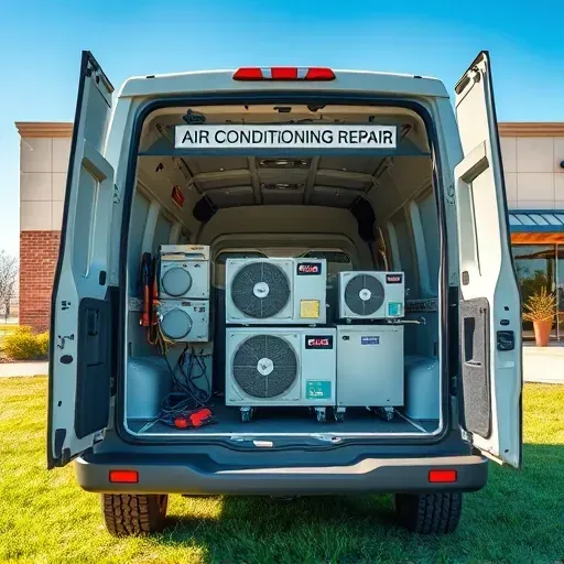 Open HVAC service van with tools and air conditioning units outside a commercial building in Justin TX under sunny skies