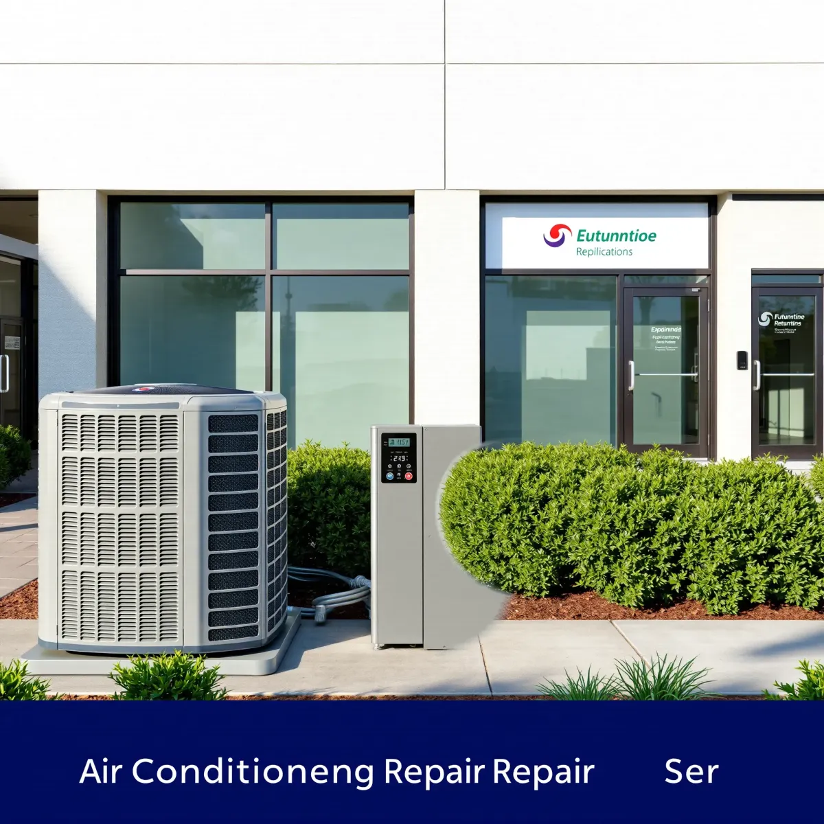 Complete outdoor air conditioning repair scene in Lake Worth, TX with a modern HVAC unit, tools, lush landscaping, and a suburban background.