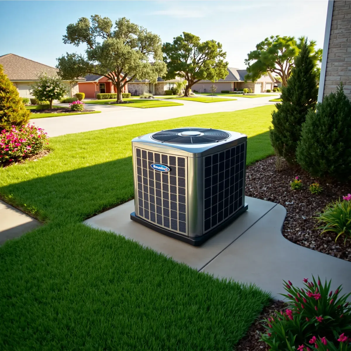 Outdoor HVAC systems including heat pumps and air conditioners near Western Lake, Texas, with sandy soil and sparse vegetation.