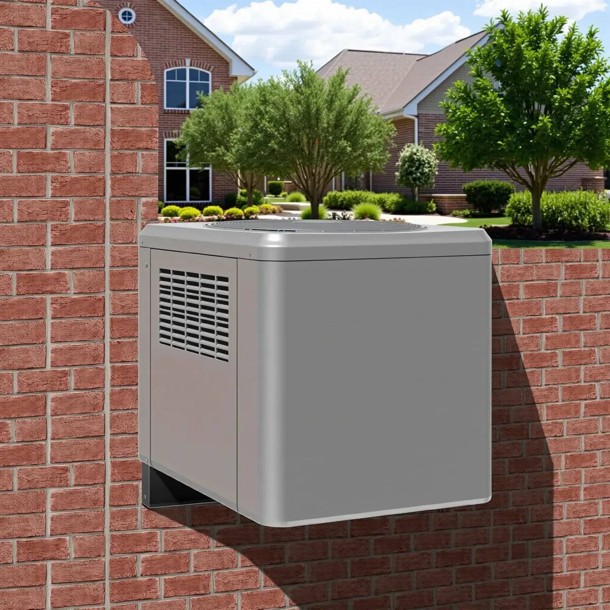 Modern high-efficiency AC unit on a brick wall in a sunny River Oaks, TX suburban yard, highlighting clean design and craftsmanship.