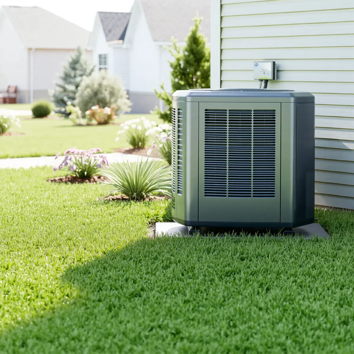 Fully installed, clean air conditioning unit in a neat outdoor space of a modern Texas home, emphasizing quality HVAC craftsmanship.