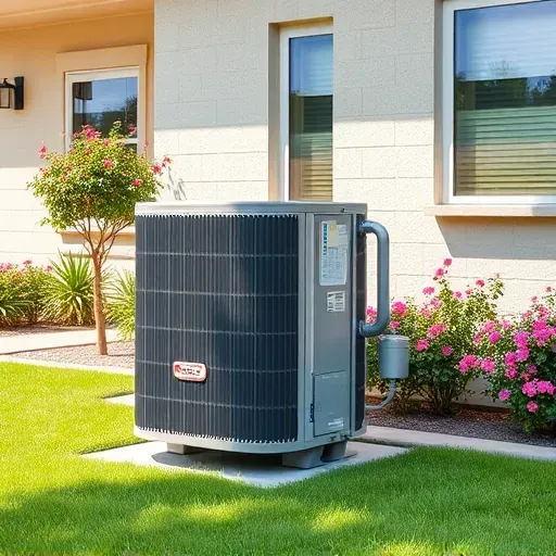 Freshly serviced outdoor central air conditioning unit outside a modern Texas home with green lawn and blooming shrubs