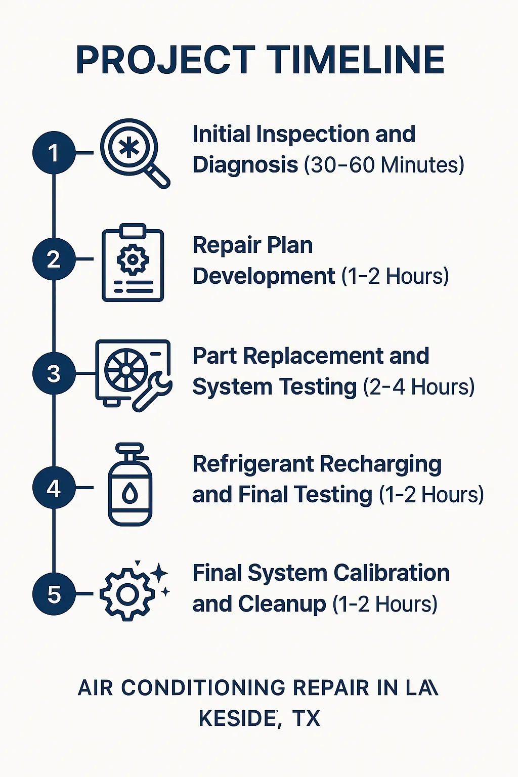 Infographic showing 5-step project timeline for air conditioning repair in Lakeside, TX, from inspection to final testing.
